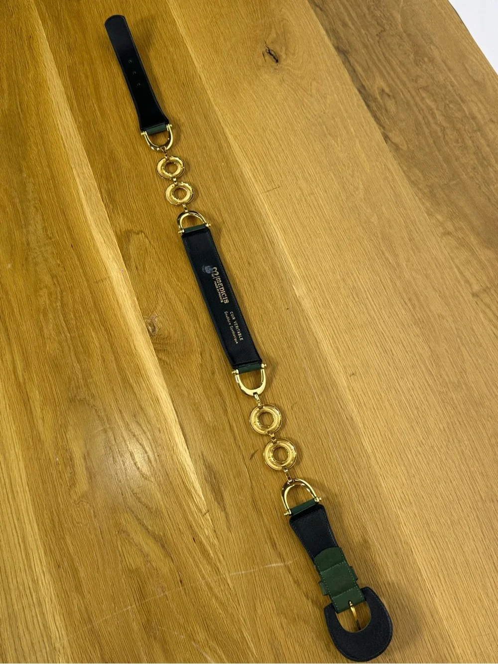 Medicis France Statement Belt Green Leather Gold Link Vintage small/medium 31 in